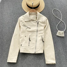 New Spring Autumn Women Faux Leather Jacket Ladies Solid Zipper Biker White Coat Turn Down Collar Moto PU Female Casual Outwear