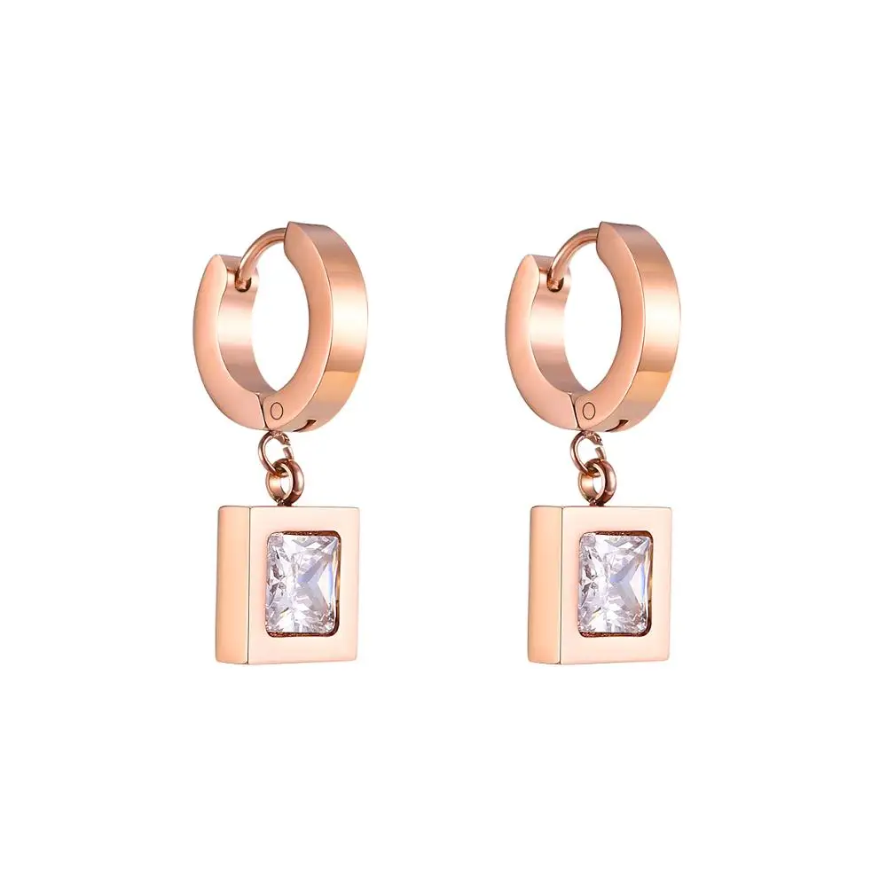 Rose Gold Color Square inlay CZ Hoop Earrings For Women Stainless Steel Ear Jewelry Gift Drop Shipping | Украшения и аксессуары