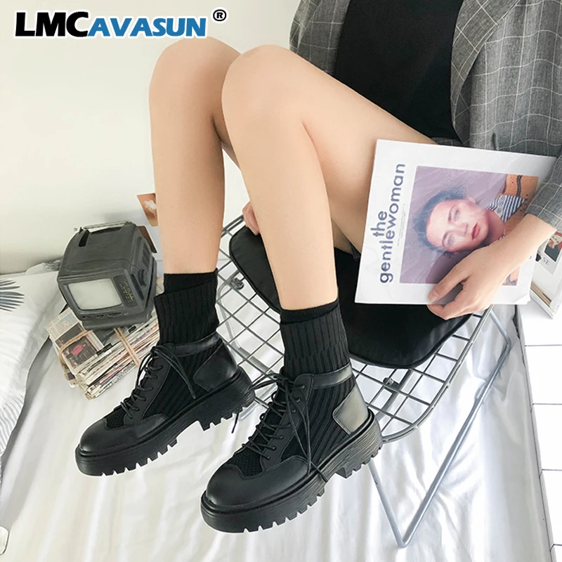 

LMCAVASUN Ankle Boots Women Autumn Motorcycle Boots Thick Heel Platform Shoes Woman Slip on Round Toe knit socks boots