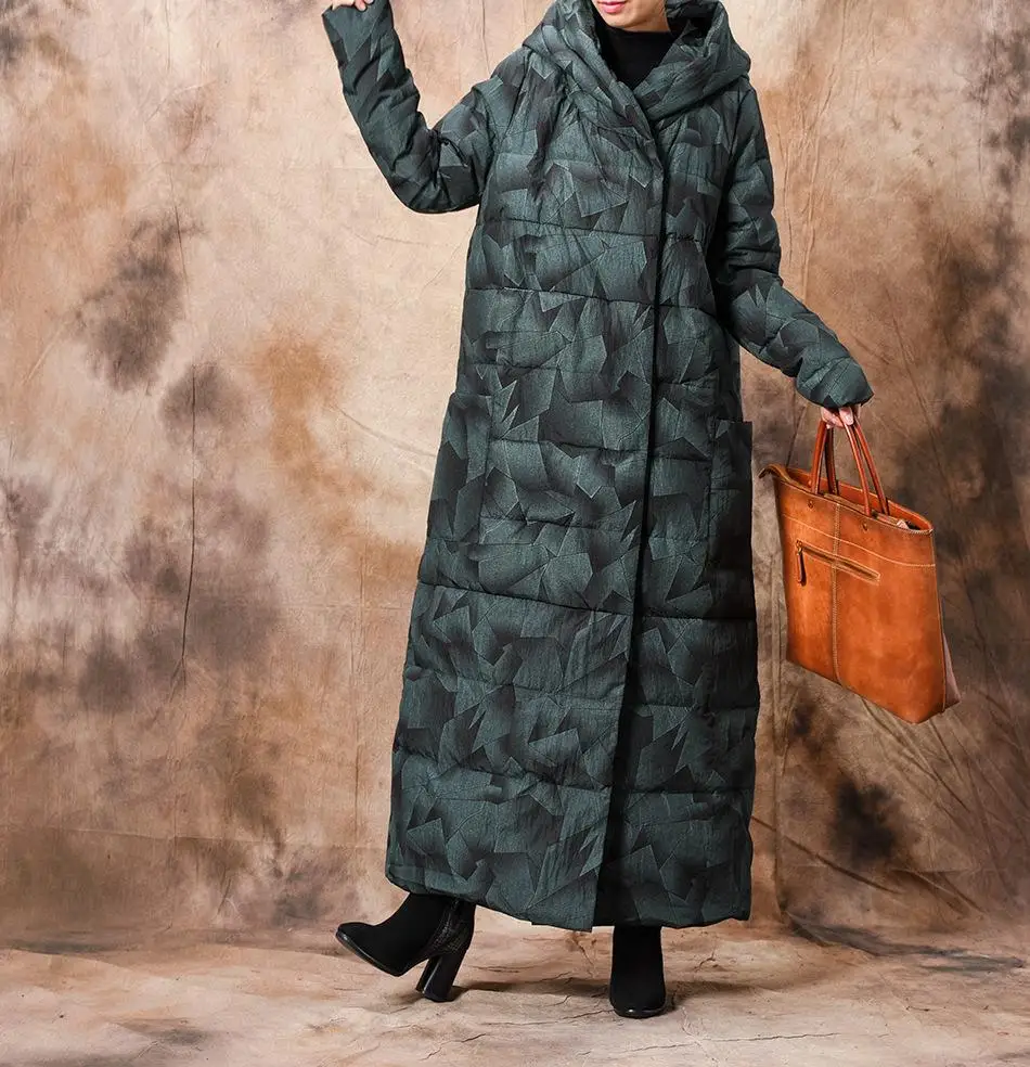 Johnature, женская одежда, длинное пальто с принтом, повседневное, толстое, однобортное, с широкой талией, хлопковая парка, свободное, новинка, зимнее пальто - Цвет: Зеленый