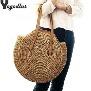 

Simple Straw Circular Square Women Shoulder Bag Handmade Woven Bohemian Handbag Summer Beach Lady Large Capacity Wicker Tote