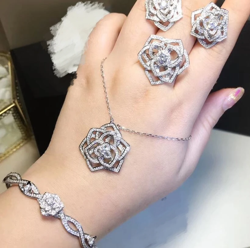 

925 Sterling silver elegant Rose Flower Necklace Earring Bracelet Ring Jewelry Set fashion CZ crystal camellia wedding jewelry