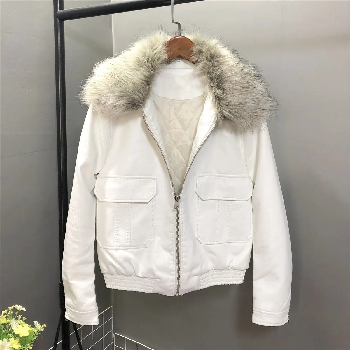 Chaquetas Mujer, теплая куртка для женщин, пальто из искусственной кожи, воротник из лисьего меха, хлопковая кожаная куртка, Женское пальто, куртка-бомбер, женские укороченные топы