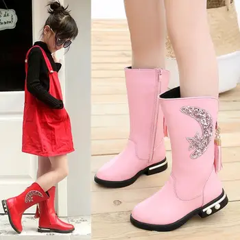 

Autumn Winter Kids children's snow boots winter warm girls boots Leather fashion princess boots plus velvet Sequins tassel shoes