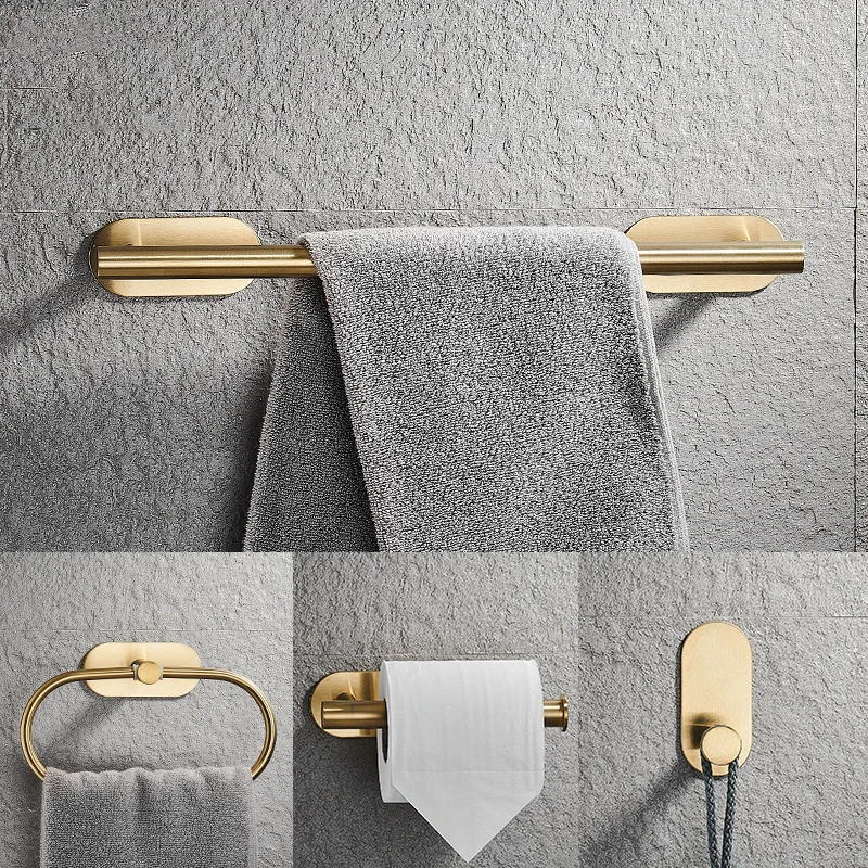 Brushed Gold Bathroom Accessories Set Paper Holder Towel Rack Robe Hook