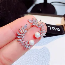 Милая женская маленькая жемчужина в виде листьев Винтажные серьги-гвоздики 925 серебряные свадебные серьги с цирконием для женщин