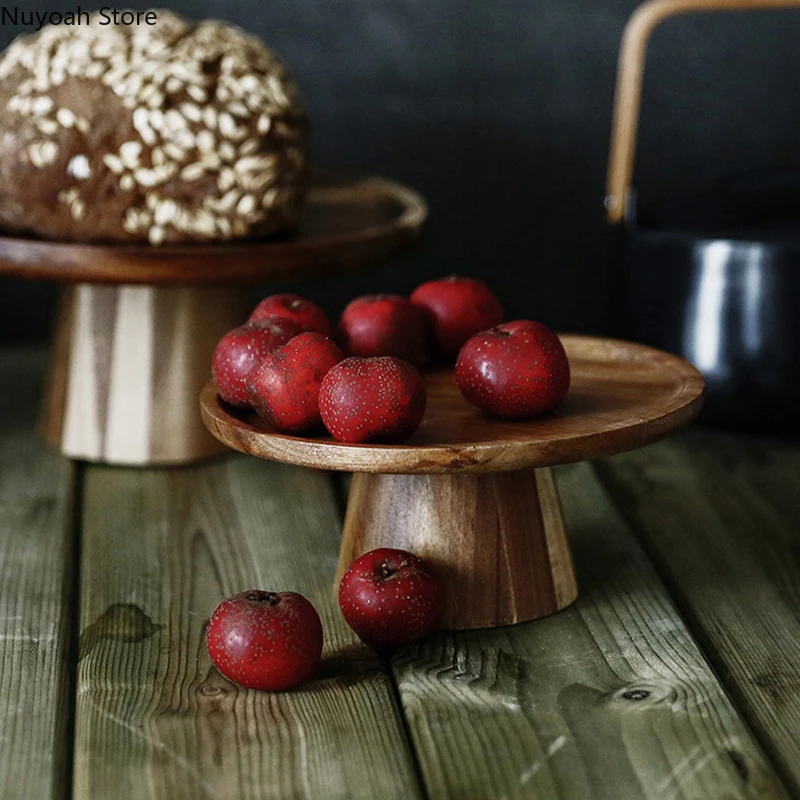 Household Round Solid Wooden Tray Fruit Snack Sushi High-footed Cake Plate Wooden Tray Kitchen Tool Living Room Display Plate