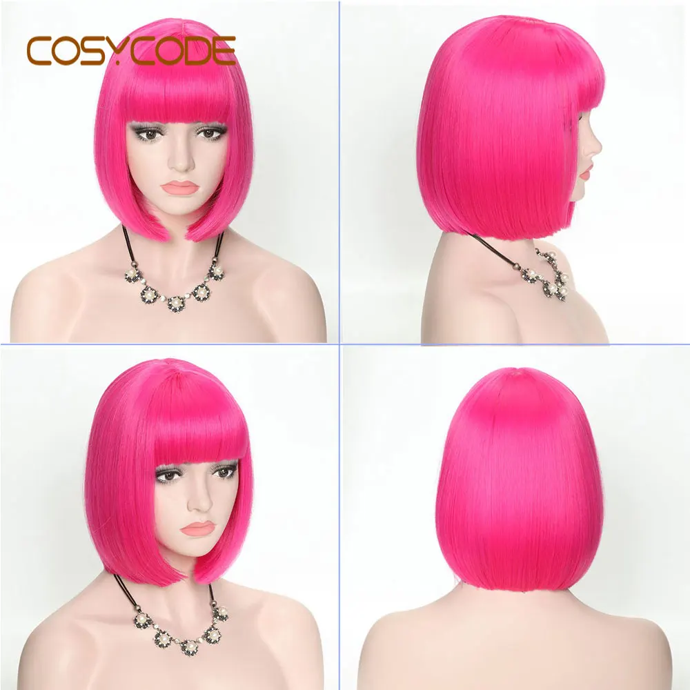 barbie pink COSYCODE 12 дюймов короткий черный боб парики с челкой прямые некружевные синтетические Косплей парики костюм 30 см - Цвет: barbie pink