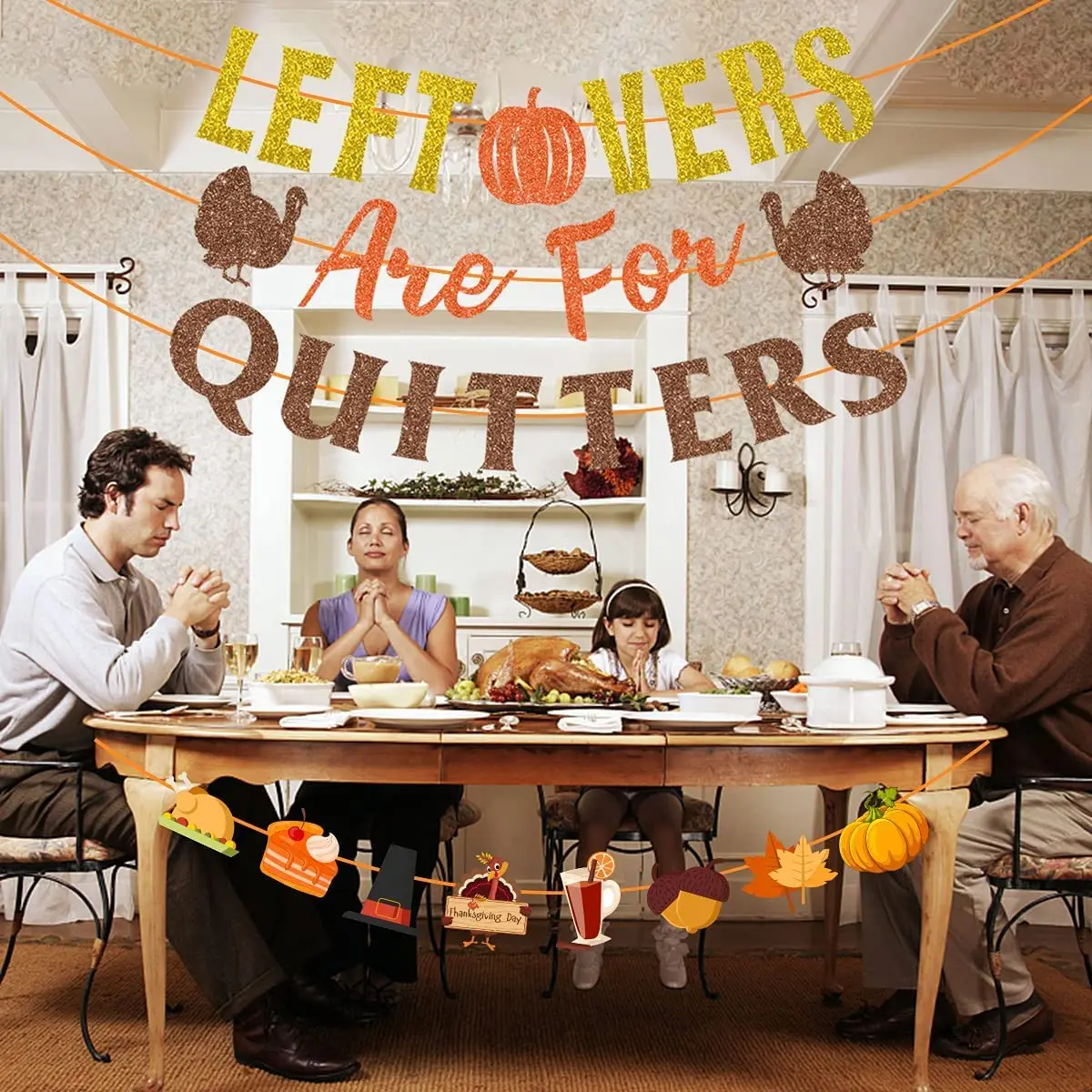 Thanksgiving Banner Harvest Home Decor Leftovers Are For Quitters Letter Banner with Pumpkin Turkey Garland for Thanksgiving