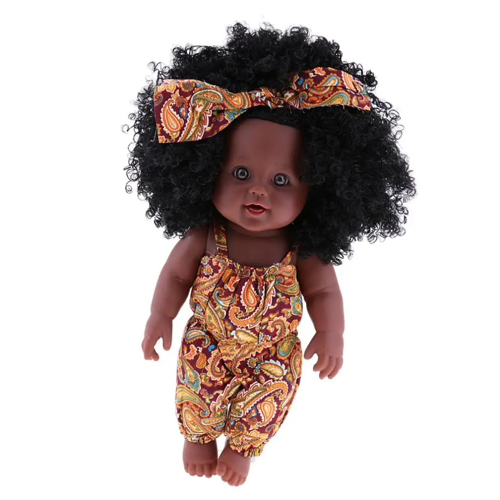 12 дюймов афроамериканская кукла черная девочка фигурки с головным ободком, оранжевый комбинезон, играть куклы для детей идеальный подарок