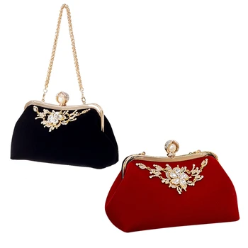 

Female Diamond Pearl Handbag Vintage Crystal Flower Evening Bag Wedding Party Bride Clutch Bag Purse