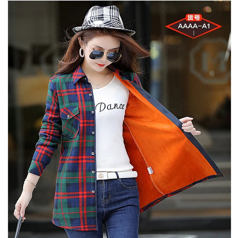 New Women Velvet Thick Warm Long Plaid Shirts Female Long Sleeve Tops M-3XL Size Female Winter Blouses Blusas Femininas Chemise long sleeve tops Blouses & Shirts