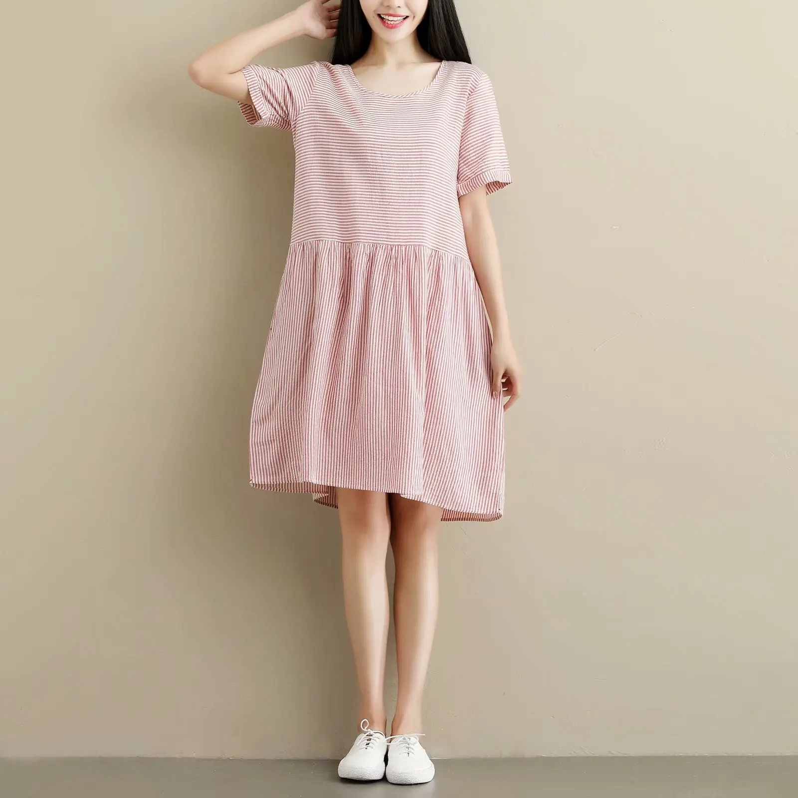 

Summer Korean-style New Style Artistic Hipster Cotton Linen Stripes Loose-Fit Waist Hugging Slimming Versatile Short-sleeve Dres
