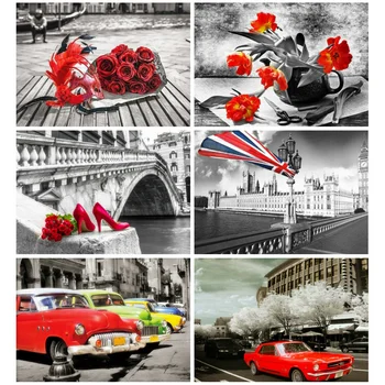 

Huacan Diamond Painting Full Square Landscape Mosaic Red And Black Embroidery Flower Farmhouse Home Decor