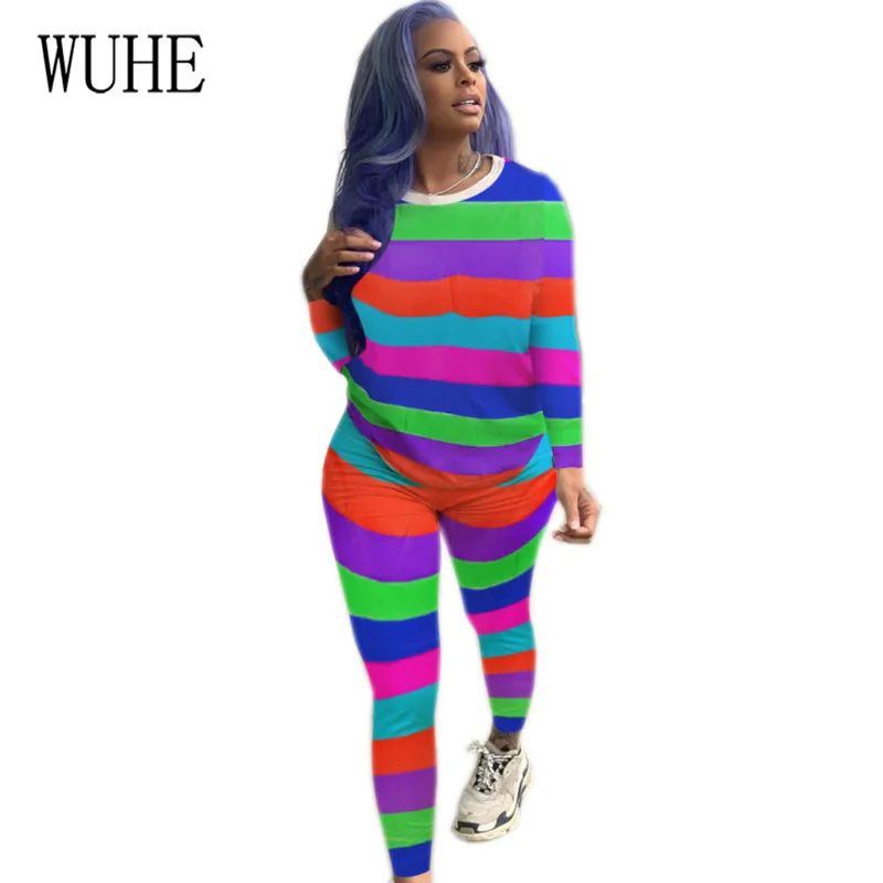 

WUHE Rainbow Printing Two Pieces Sets Long Sleeve O-neck Elegant Playsuits Autumn Casual High Streetwear Jumpsuits Women Rompers