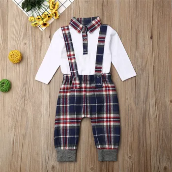 

0-18months Baby Boys Clothes 2019 Solid White Turn Down Collar Boys Rompers Red Plaid Overalls Toddler Jumpsuits Newborn Outfits
