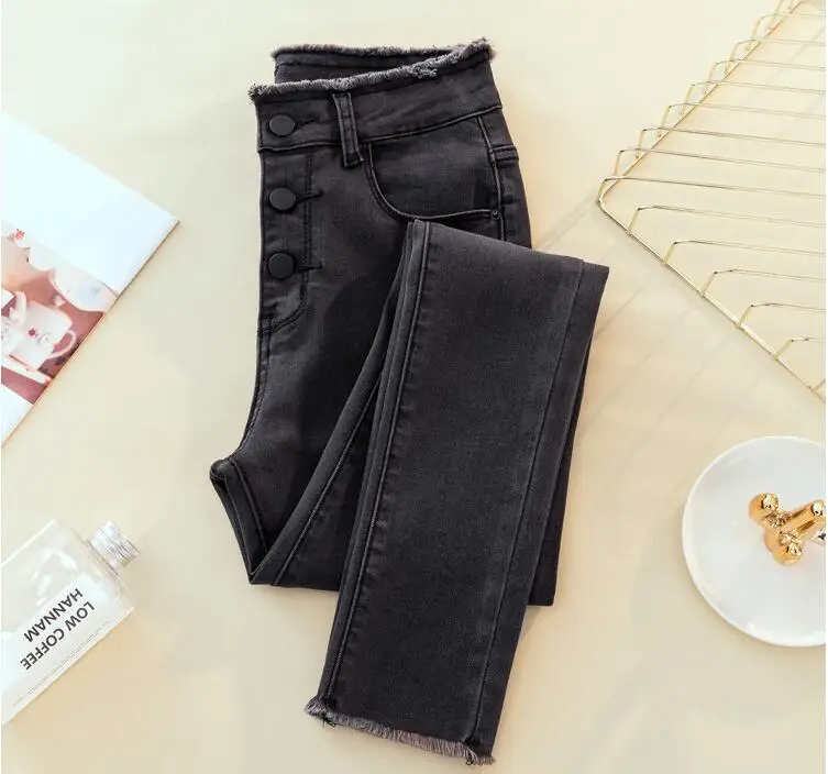 Женские рваные джинсы скинни с высокой посадкой, серые, черные, Стрейчевые джинсы, женские джинсы, брюки-карандаш - Цвет: Серый