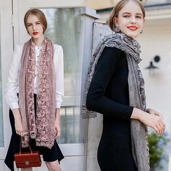 

Spring Lace Cotton Women Scarf for Autumn Lady Style Solid Long Shawl Wraps for Travel on Beach Vatinage Style Hot Sale