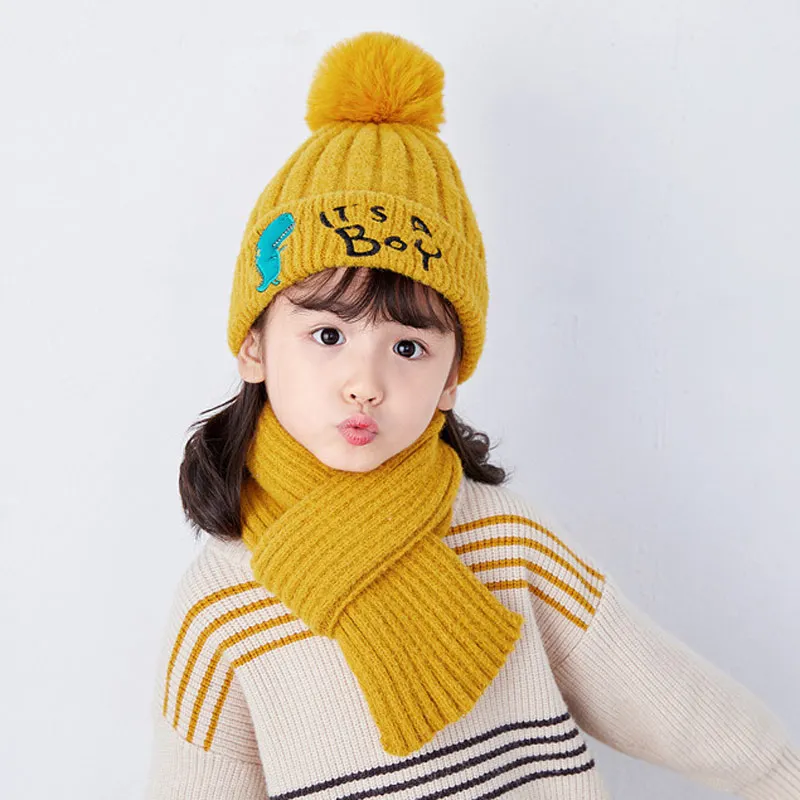 Цвет: желтый 2-8years Children Fleece Knit Hat Winter Kids Scarf Set for Girls Boys Yellow Grey Red Pink - Цвет: Цвет: желтый