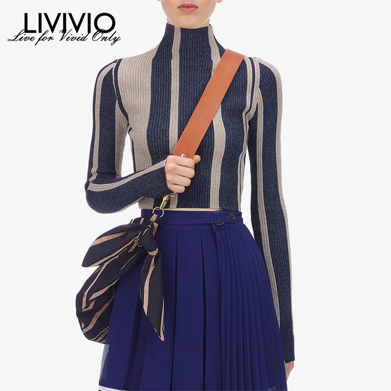 [LIVIVIO] SP Striped Turtlneck Long Sleeve Knitting Tops Women Sweaters Female Pullovers Autumn Winter Fashion