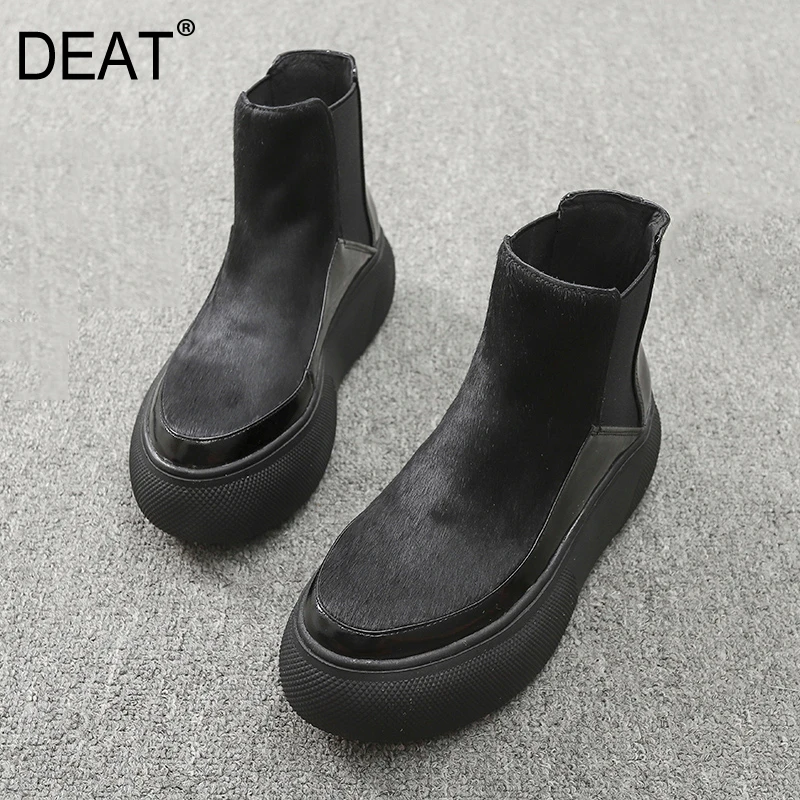 

[DEAT] 2019 Round Toe Elastic Band Horsehair Black Velvet Women Thick Bottom Short Boots New Autumn Winter Fashion Tide 10F127