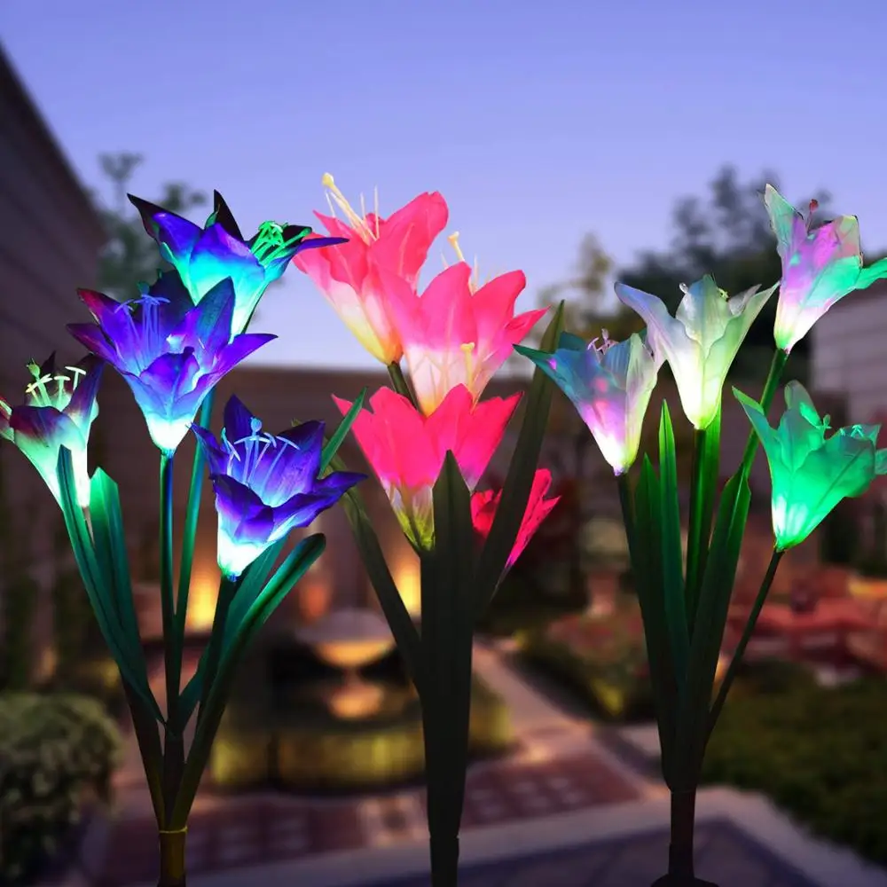 

Outdoor Solar Powered 3 Pcs Stake Lights Lily Flower Shaped Multi-Color LED Landscape Lighting for Garden, Patio, Lawn, Yard