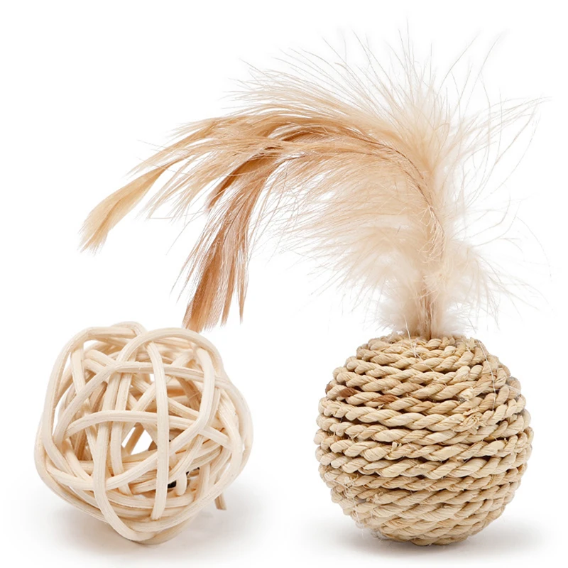 2pcs Cat Toy Pet Rattan Ball Cat Toy Funny Faux Feather Cat Bell Ball Kitten Playing Interactive Ball Toys for Cats 