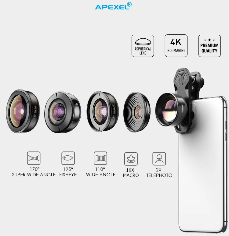 wide angle lens for mobile APEXEL HD 4K 5in1 Phone Lens Kit Phtography Macro Lens 110 170 Degree Super Wide Angle 2X Telephoto Lens With CPL Star Filters 20x zoom lens for mobile