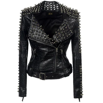 

Faux Leather PU Jacket Punk Rivet Women Fashion Winter Autumn Motorcycle Jacket Black Coat Outerwear Hight Street High Quality