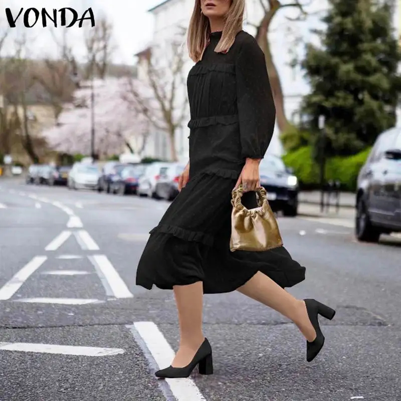 VONDA/модное осеннее платье, повседневные однотонные платья макси с длинными рукавами и круглым вырезом, женские кружевные богемные платья для беременных