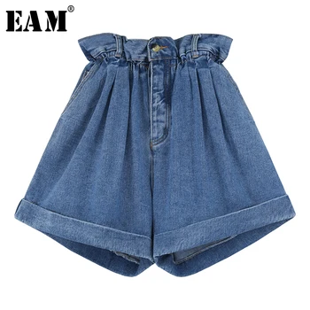 

[EAM] Women Wide Leg Blue Dneim Ruffles Split Shorts New High Waist Loose Fit Trousers Fashion Tide Spring Summer 2020 1X239