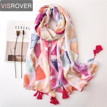 

Visrover 2020 New Multi Color Scarf Pink Beach Scarves Luxury Brand Geometric Big Scarf Hijab Summer Women Triangle Scarf Shawl