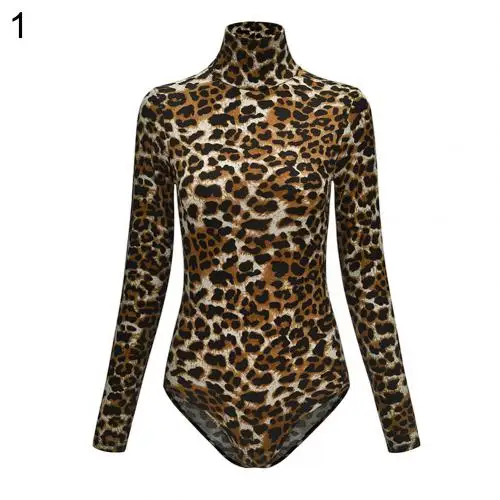 Sexy Women Leopard Print Turtleneck Long Sleeve Skinny Bodysuit Jumpsuit Romper Featuring snake skin/leopard print Xmas gifts fishnet bodysuit Bodysuits