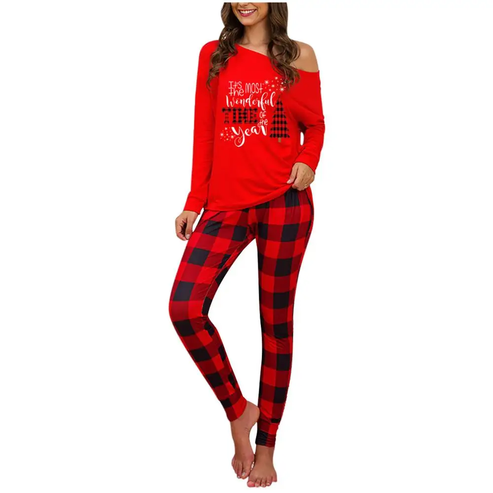 Рождественский костюм с буквенным принтом, рубашка с длинными рукавами, клетчатые длинные штаны, повседневные пижамы, женский домашний костюм, комплект из двух предметов - Цвет: Red 2