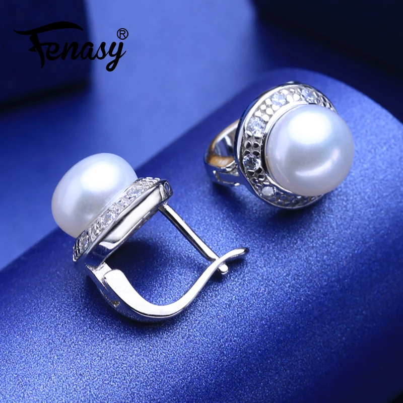 FENASY 925 Sterling Silver Natural Freshwater Pearl Earrings Women Fashion Cubic Zirconia Wedding Clip Earrings Pearl Jewelry