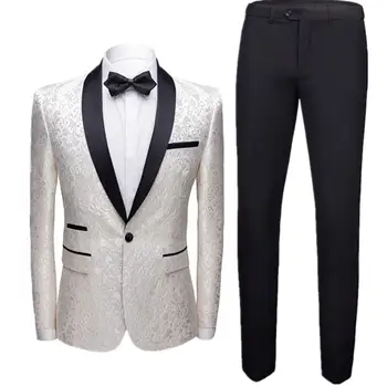

Elegant White Embroidered Wedding Men Suit Shawl Collar Slim Fit 2 Pieces Jacket+Pants For Wedding Groom Tuxedos Formal Suits