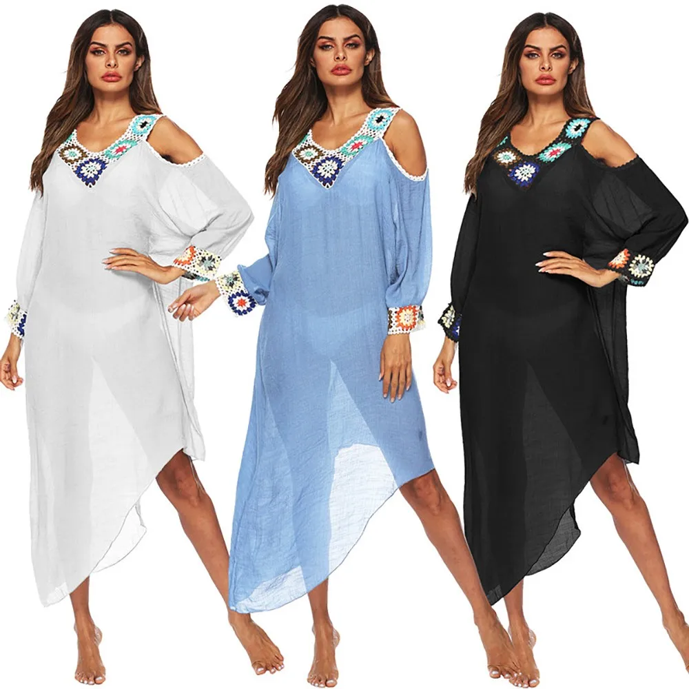 Belleziva Women Irregular Crochet Flower Beach Cover-up Single Strapless Stitching V-neck Long Sleeve Dress