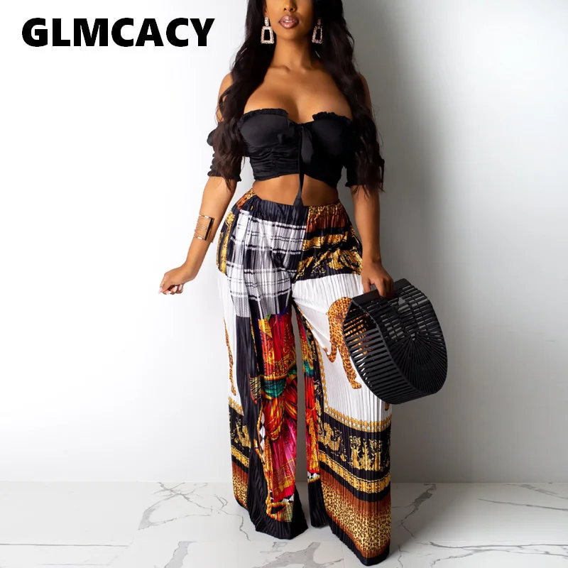 

Women Elegant Elastic Waist Patalon Pants Vintage Printed Wide Leg Long Pants Loose Casual Streetwear Trousers Female Pants