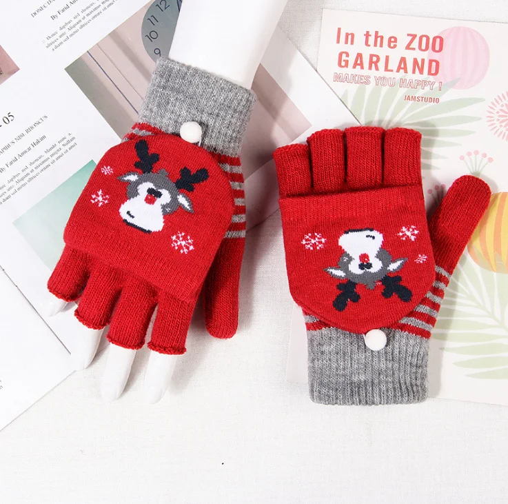 

Half Finger Gloves Woman Winter Fingerless Flip Christmas Gift Elk Knitted Gloves Student Learning Gloves Outdoor Warm Work Glov