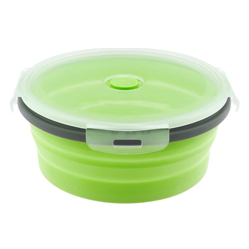 

Hot Sale 4Pcs Set Collapsible Fruit Salad Lunch Box Silicone Food Box Container Round Shape Tableware Green