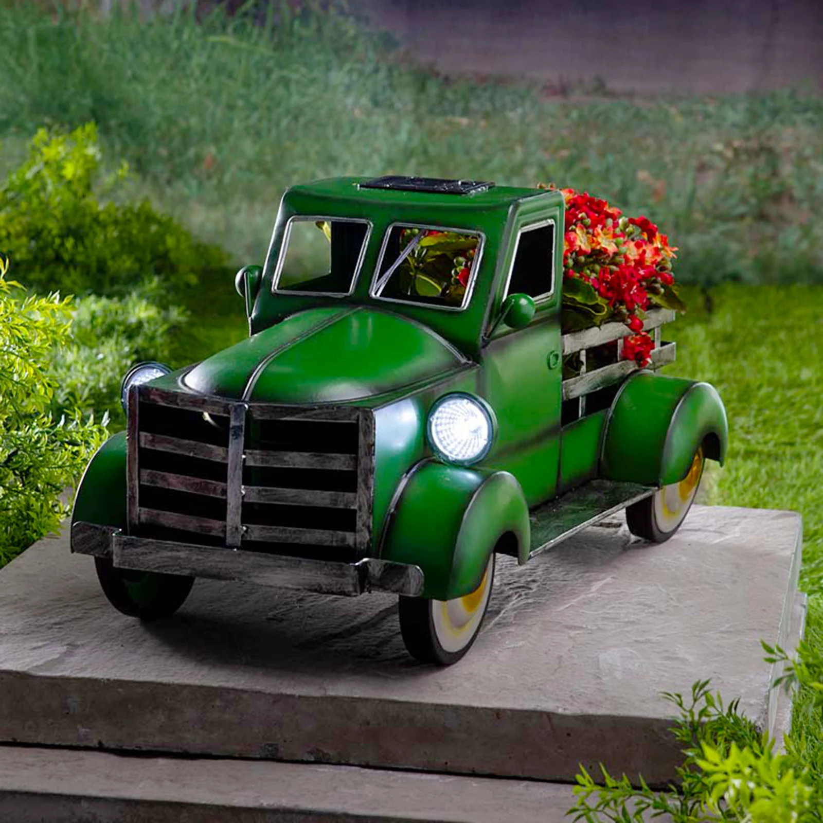 Solar Powered Hand Painted Mini Vintage Bus Statue for Home Office Desktop Table Ornament JACE 5 Solid Colors Truck Flower Pot with LED Car Light Retro Solar Pickup Truck Garden Decoration Army Green