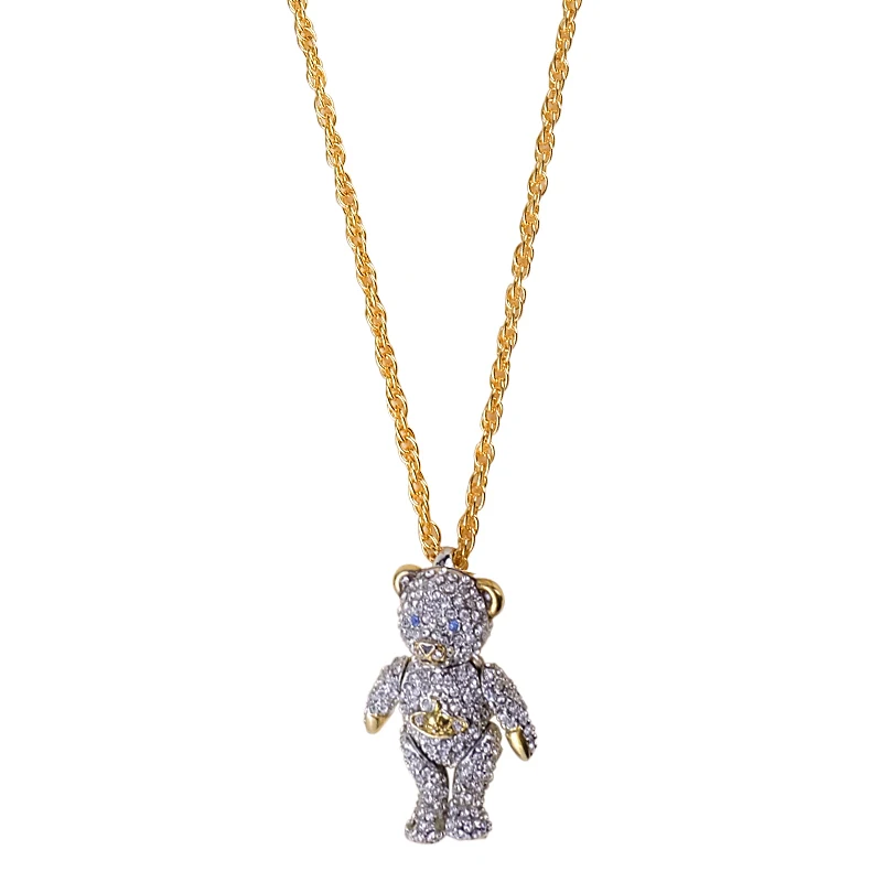 

XIAOJINGLING Full Crystal Rhinestone Lovely Bear Panda Pendant Saturn Inlay Planet Necklace Orbit Sweater Chain