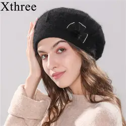 Xthree женская зимняя шапка вязаный берет, шапка для женщин ангольский мех кролика Модная шапка