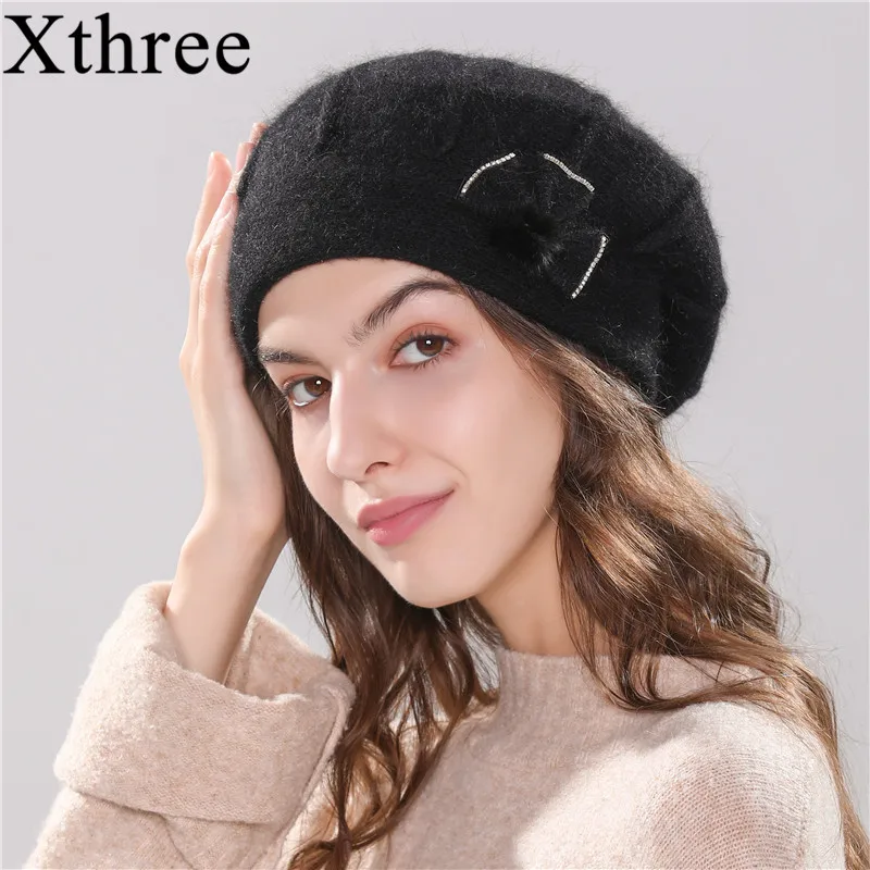

Xthree women's winter hat knitted beret hat for women angola rabbit fur fashion beanie cap