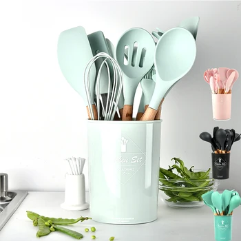 

Silicone Kitchenware Cooking Utensils Set Non-stick Spatula Shovel Wooden Handle Cooking Tools Set With Storage Box Kitchen Set