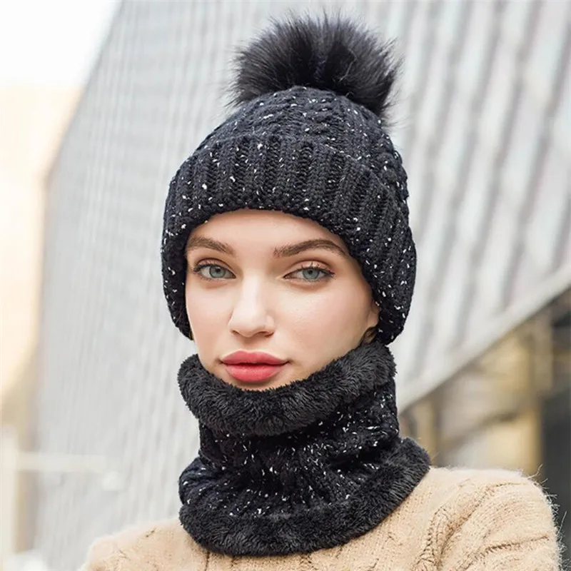 Зимняя женская вязаная шапка, шарф, набор для девочек, женская теплая шапка бини и кольцо, шарф для женщин, женская модная шапка с помпоном, шарфы