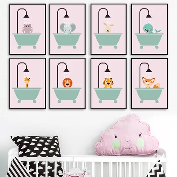 

Elephant giraffe lion fox hippo Bear Bathtub Nursery Wall Art Prints Canvas Painting toilet Poster Wall Pictures Kids Room Decor