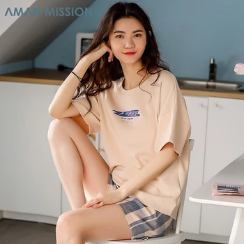 

Female Pajams Cozy Sleepwear Cotton Summer Soft Nightshirt Girl Casual Oversized Shirts & Short Pants Comfortable Home Clothes