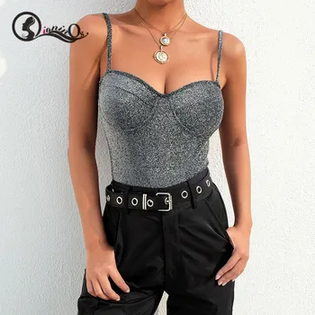 

Sexy Bodysuit Spaghetti Strap Backless Slim Glitter Women Summer Sleeveless Bodycon Sheer Open Crotch Bodysuit