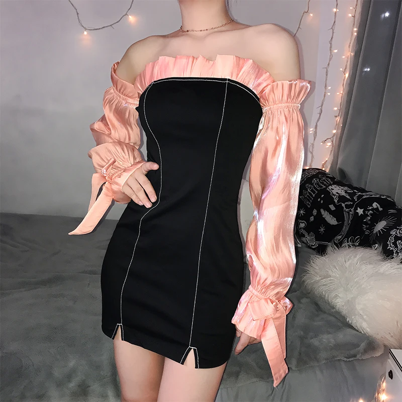 

Lucyever Stitching Ruffled Pink Dress Women Sexy Slash Neck Off Shoulder Dress Autumn Above Knee Mini Dresses Woman Party Night